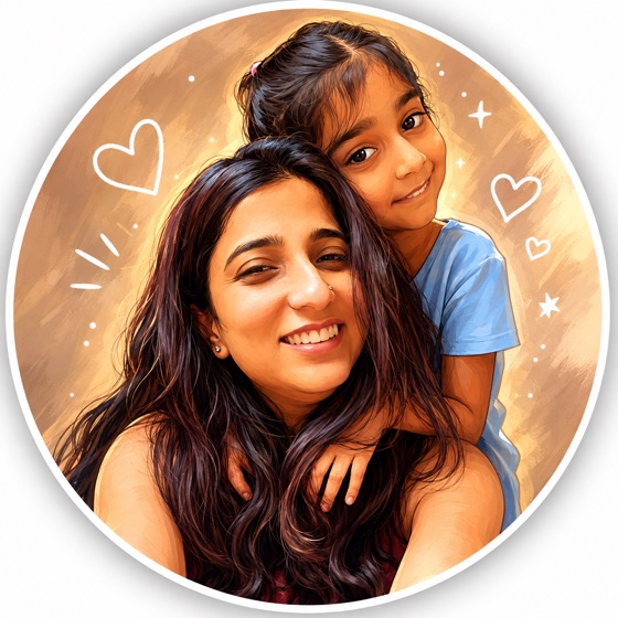 Giti and her daughter Anya, hand-illustrated in a warm, sparkly style
